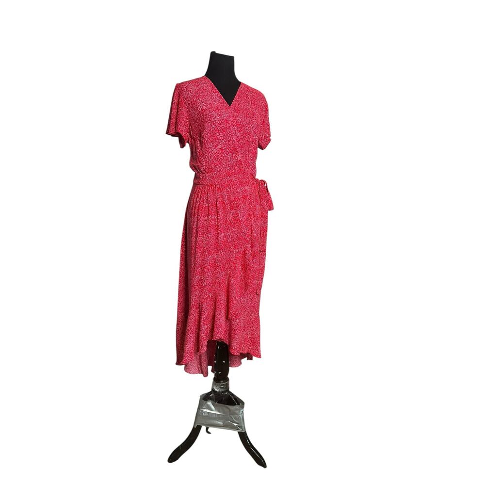 Zesica red white print short sleeves wrap midi dress size Small - Picture 11 of 16